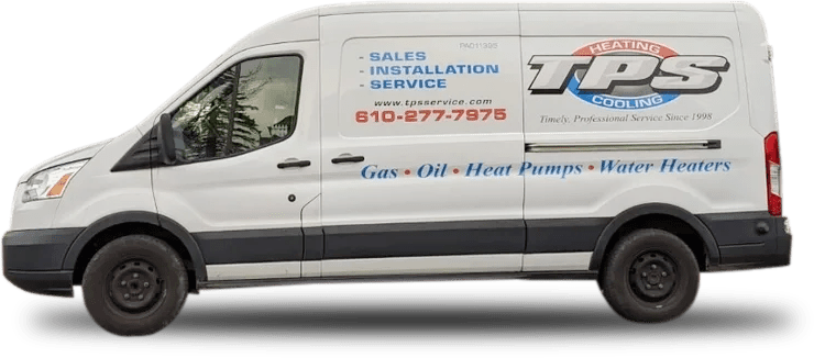 A white van with the words " sales, installation service ," and gas-oil heat pumps on it.